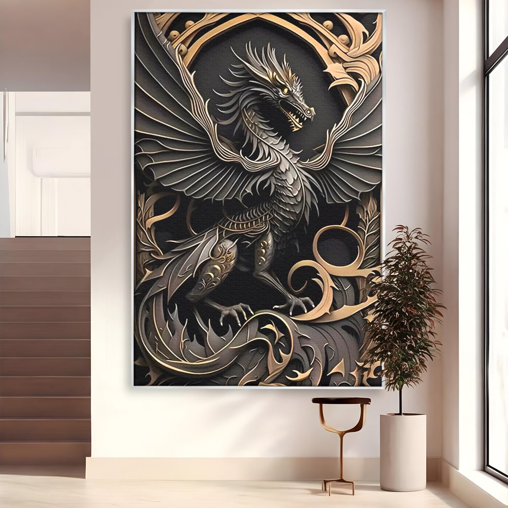 Tablou canvas cu ilustratie digitala cu dragon mitic, in rama de aluminiu argintiu